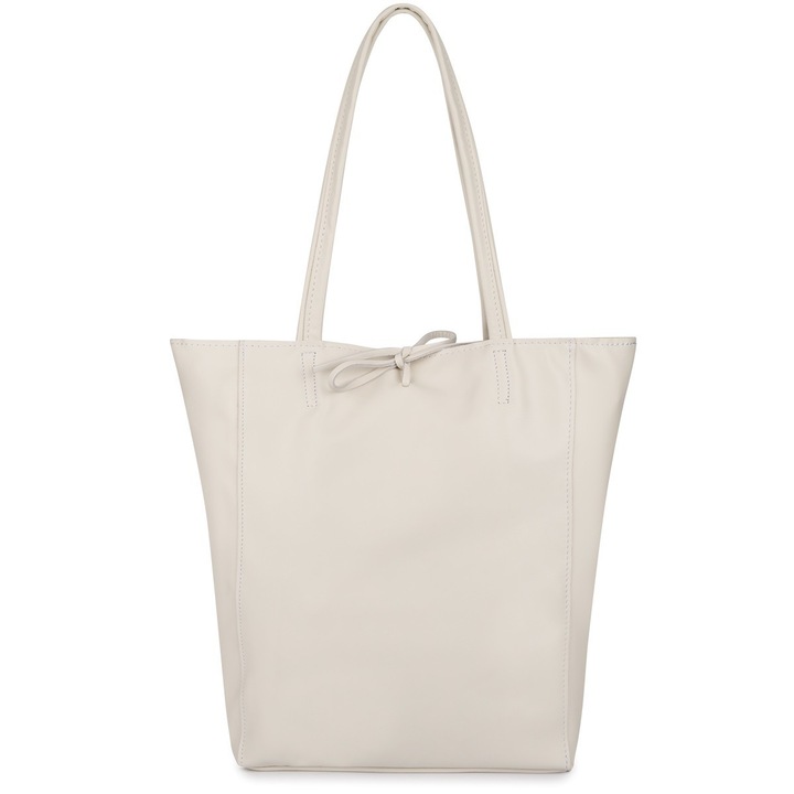 Geanta de umar din piele naturala ecru, model shopper, dimensiune A4, cu fermoar si curea decorativa, pentru femei