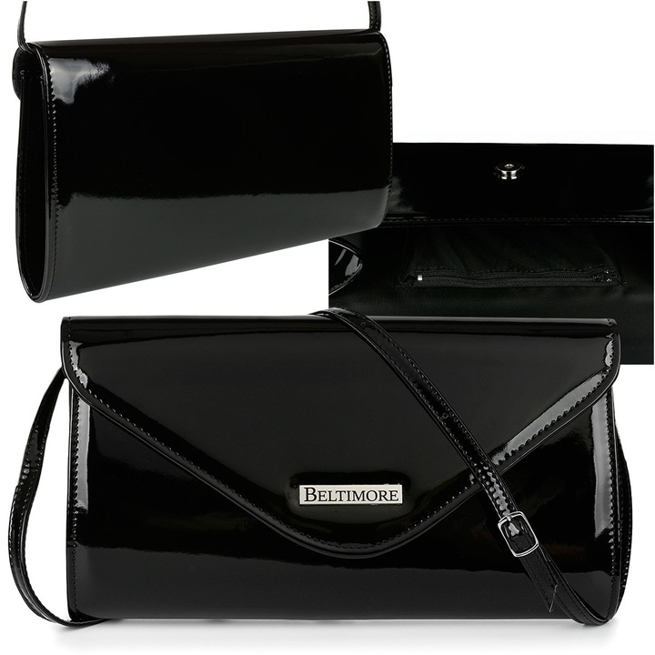 Geanta de seara eleganta, Beltimore, din piele ecologica lacuita, neagra, dimensiuni 28x16x5cm