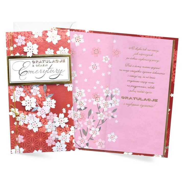 Felicitare KUKARTKA, Emerytura, 11,4x21,5cm, cu decoruri metalice si grafica atractiva, cu plic inclus