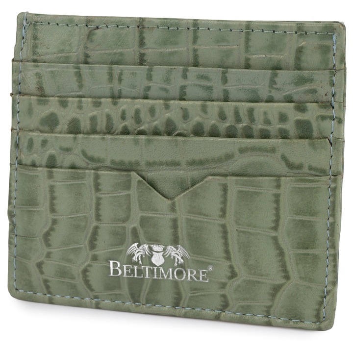 Калъф за карти и документи от кожа, модел E49, зелен, тънък, 8 отделения