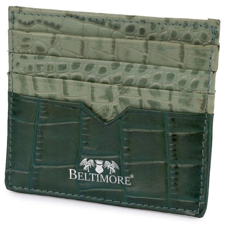 Etui din piele naturala pentru carduri si documente, model E49, verde, slim, 8 compartimente