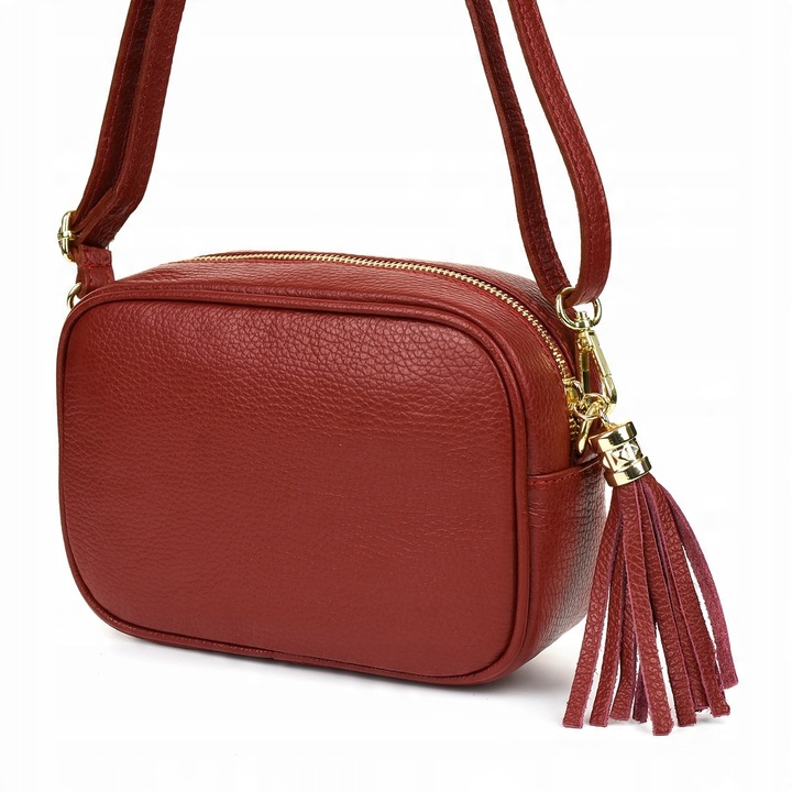 Természetes bőr válltáska, Beltimore, bordó, méretei 15x21x8cm, rojtokkal