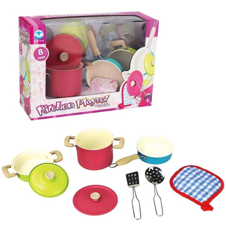 Set de oale metalice 8 elemente, Askato, pentru bucatarii copii, 30.5x10.5x21.5cm