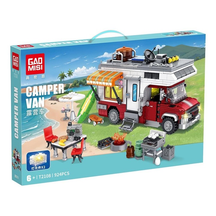 Set de constructie Rulota, Askato, 924 elemente, 21.8x12.4x13.6cm, cu lumini, pentru varsta 6+