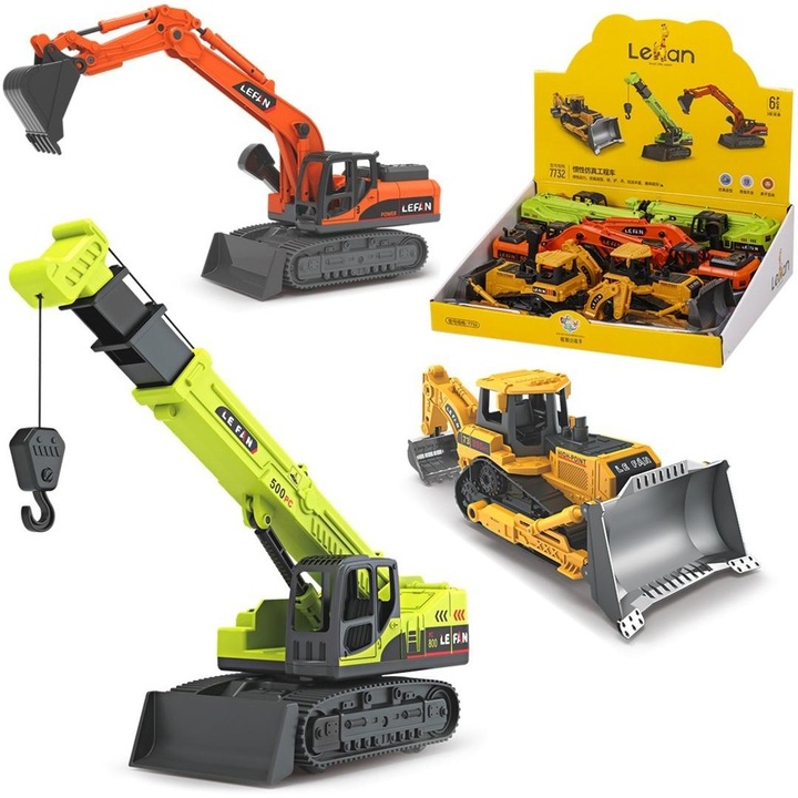 Set utilaje de constructie TRIFOX, excavator portocaliu, macara verde, buldozer galben, 25x10x11cm