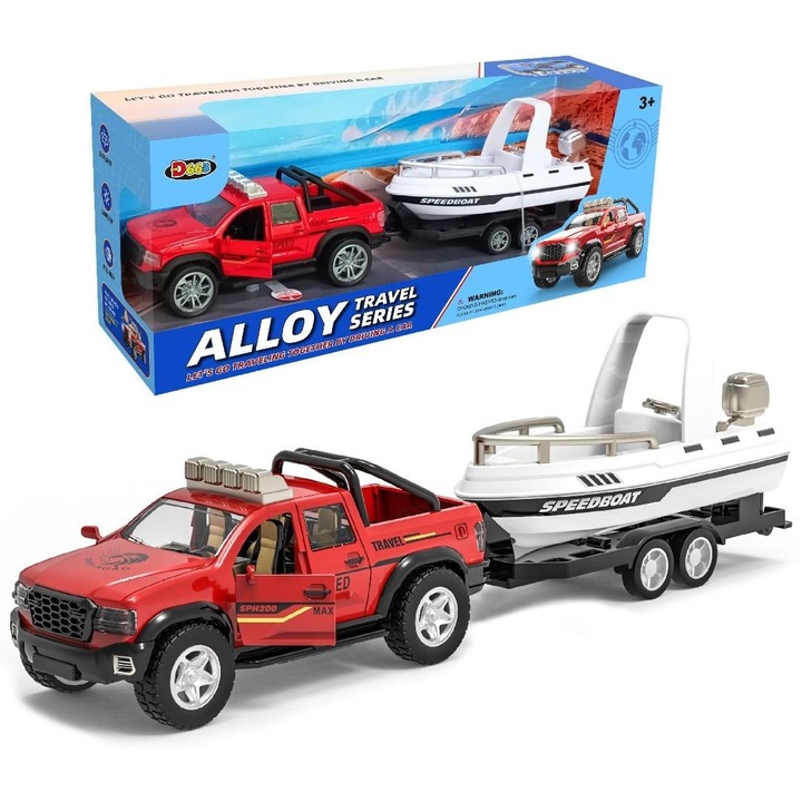 Set masinute TRIFOX, pick-up rosu cu remorca si barca, metal, 30x12x8cm