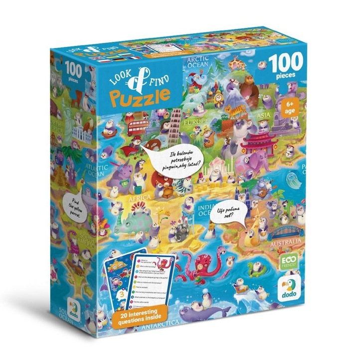 Puzzle 100 Dodo Set Keresd és találd, pingvin témájú, élénk színek, ökológiai karton, 6 éves kortól gyerekeknek