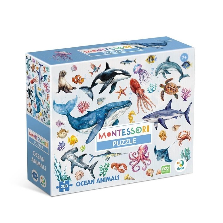Puzzle 200 Dodo Set Montessori Animale Oceanice, Ilustratii Realiste, 7 ani, Ecologic