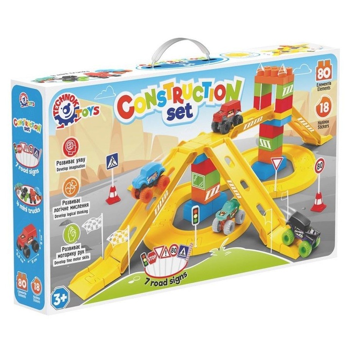 Комплект за конструиране TechnoK, 80 елемента, 4 камиона, интензивни цветове