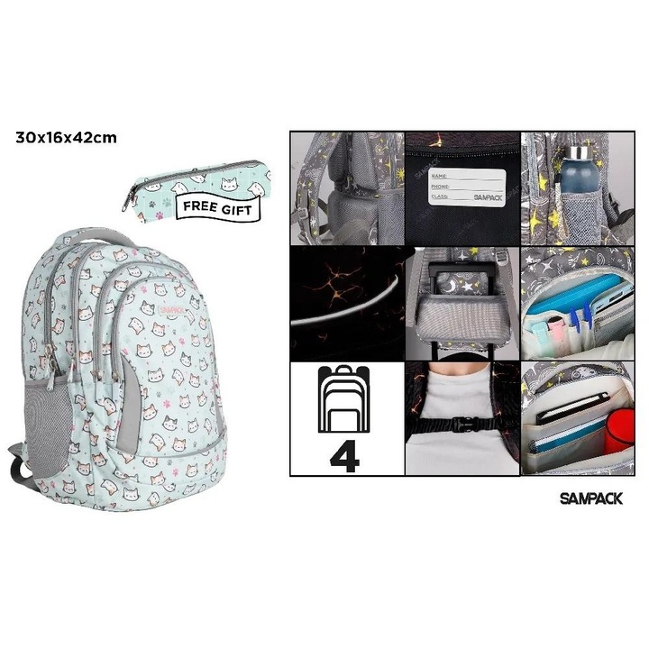 MP Main Paper iskolatáska, 4 rekeszes, szürke-menta, 30x16x42cm, tolltartóval