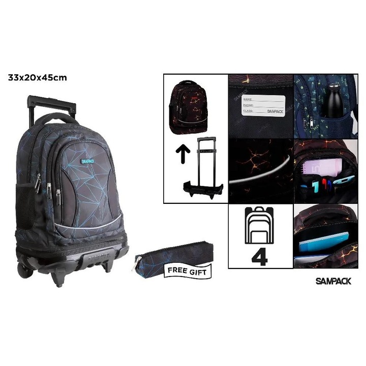 MP Main Paper hátizsák, 4 rekeszes, fekete geometrikus, 33x20x45cm, tolltartóval együtt