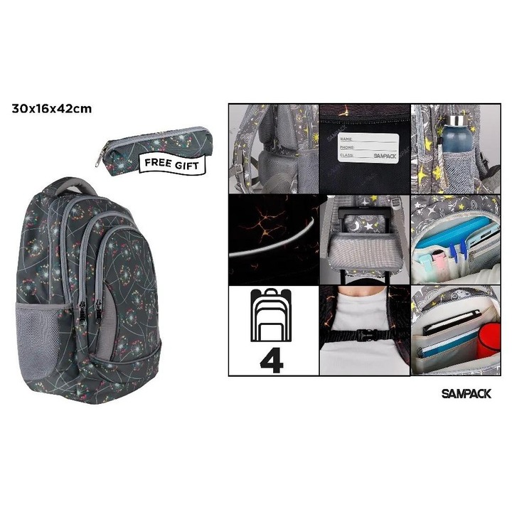 MP Main Paper hátizsák, 4 rekeszes, grafit, 30x16x42cm, tolltartóval