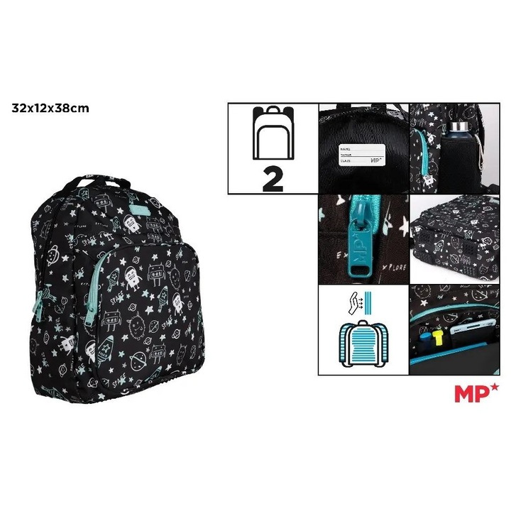 Ghiozdan MP Main Paper, model Kosmos, 2 compartimente, negru, 32x12x38cm