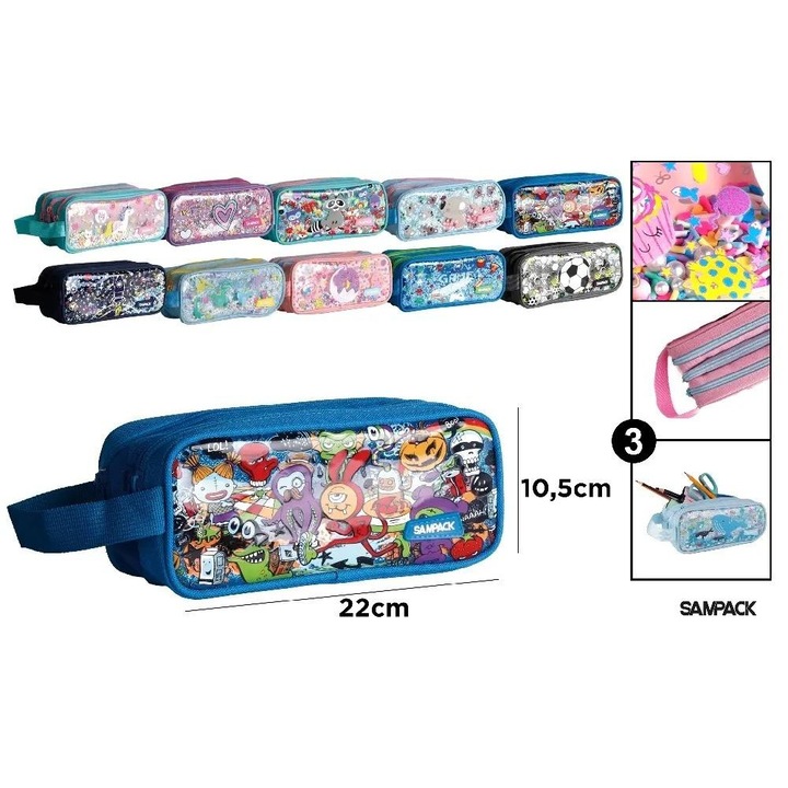 Háromrekeszes tolltartó fogantyúval, Sampack, többszínű