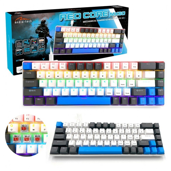Tastatura mecanica Media-Tech RED CORE MX60, iluminare RGB, compacta, alb-gri-albastru
