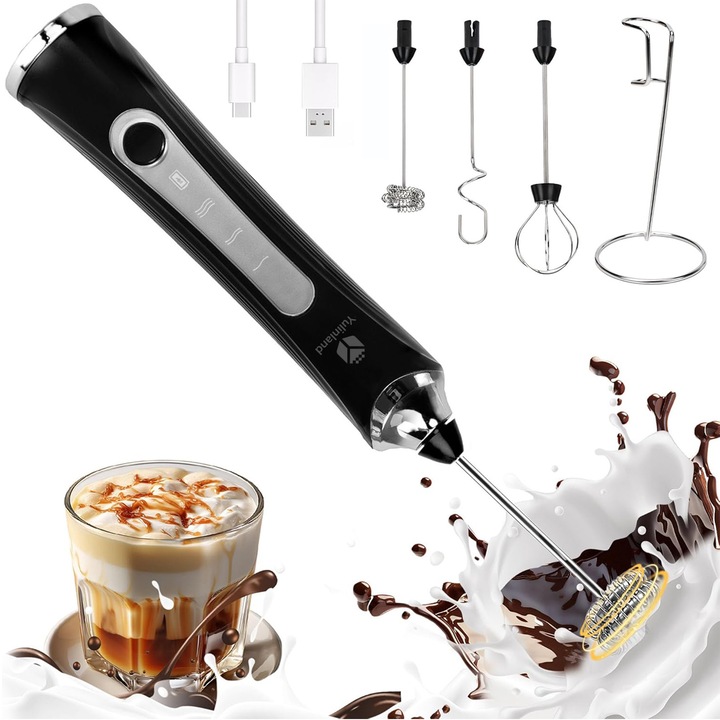 Mixer spuma lapte electric, Yulinland®, incarcare USB, cu 3capete, 3 trepte de viteza, maner izolat termic, cu holder, Pentru latte, ciocolata calda, cappuccino, frappe, Negru