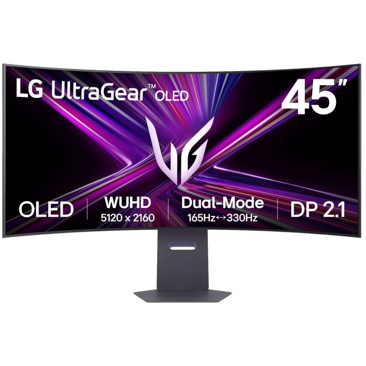 Монитор LG UltraGear 45GX950A-B, 44.5", LED, OLED, 5120 x 2160, 1 x USB Type-C, 2 x USB Downstream, 2 x USB 2.0 Downstream, 2 x HDMI, 1 x Audio Out, DisplayPort, 1 x USB Type-C Upstream, Вградени високоговорители 2 x 10W