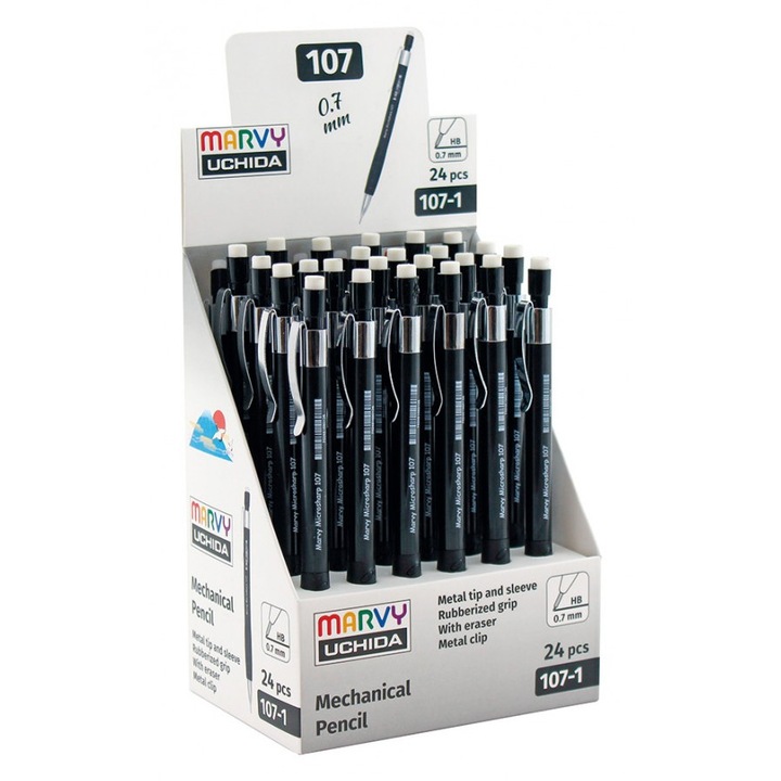 Молив автоматичен Marvy 0.7 мм 107 черен, метален връх и гумиран грип, оп. 24
