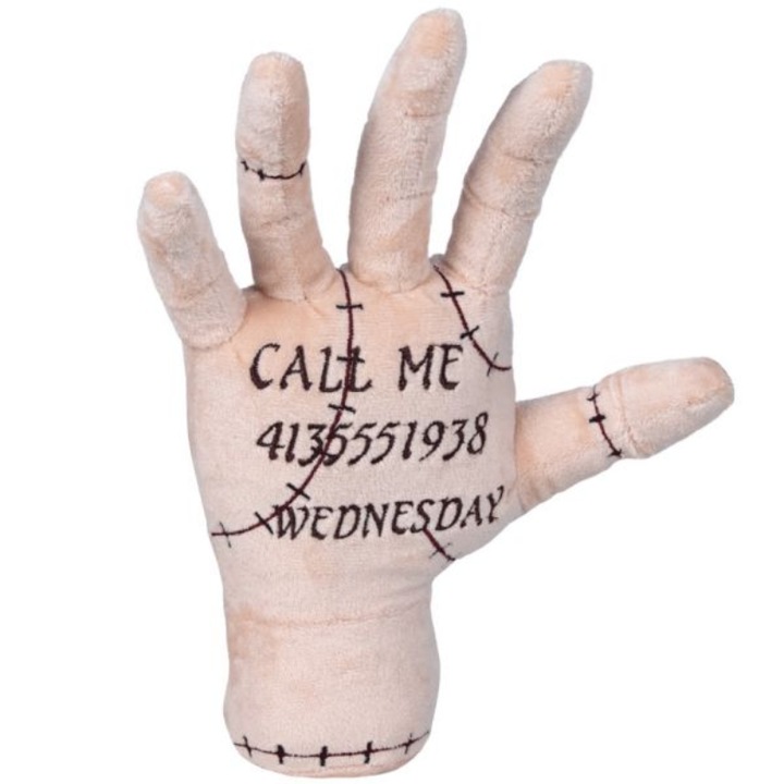 Papusa de plus Thing „Call Me” 25 Cm, Varianta Speciala Wednesday, Design Exclusiv si Textura Moale, Mana Iconica din Addams Family, Plus Original