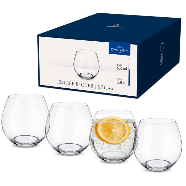 Villeroy & Boch - Entrée vizespohár készlet, 4 darab, 300 ml, átlátszó, mosogatógépben mosható, ivópoharak, vizespoharak, italkiegészítők, desszertpohár készlet, turmixokhoz vagy gyümölcsléhez, kristályüveg