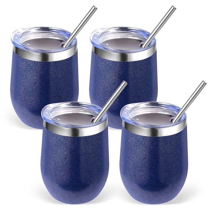 Volhoply 350 ml-es rozsdamentes acél borospohár fedővel, 4 darabos csomag, 350 ml-es duplafalú talp nélküli borospoharak, fém utazó kávésbögre szívószállal, szigetelt bögre, ajándékok nőknek (sötétkék, 4 darabos szett)