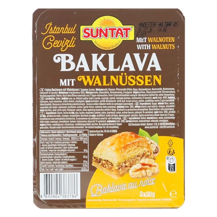 Baclavă cu nuci, Suntat, 90g, set 3 porții, aluat filo crocant, sirop dulce