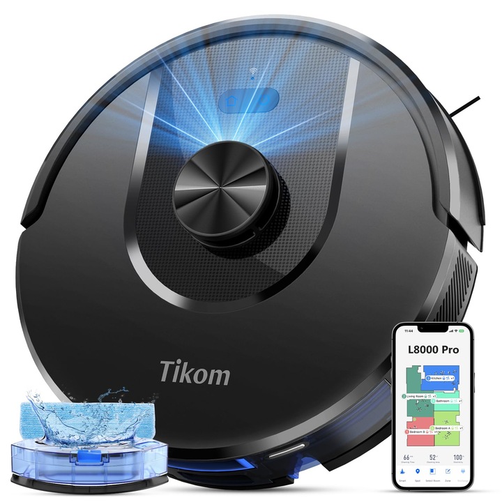 Aspirator Robot Tikom L8000 Pro cu Mop, 6000Pa, Navigare Lidar, Control prin Aplicație, 150 Min, 14 Zone Interzise