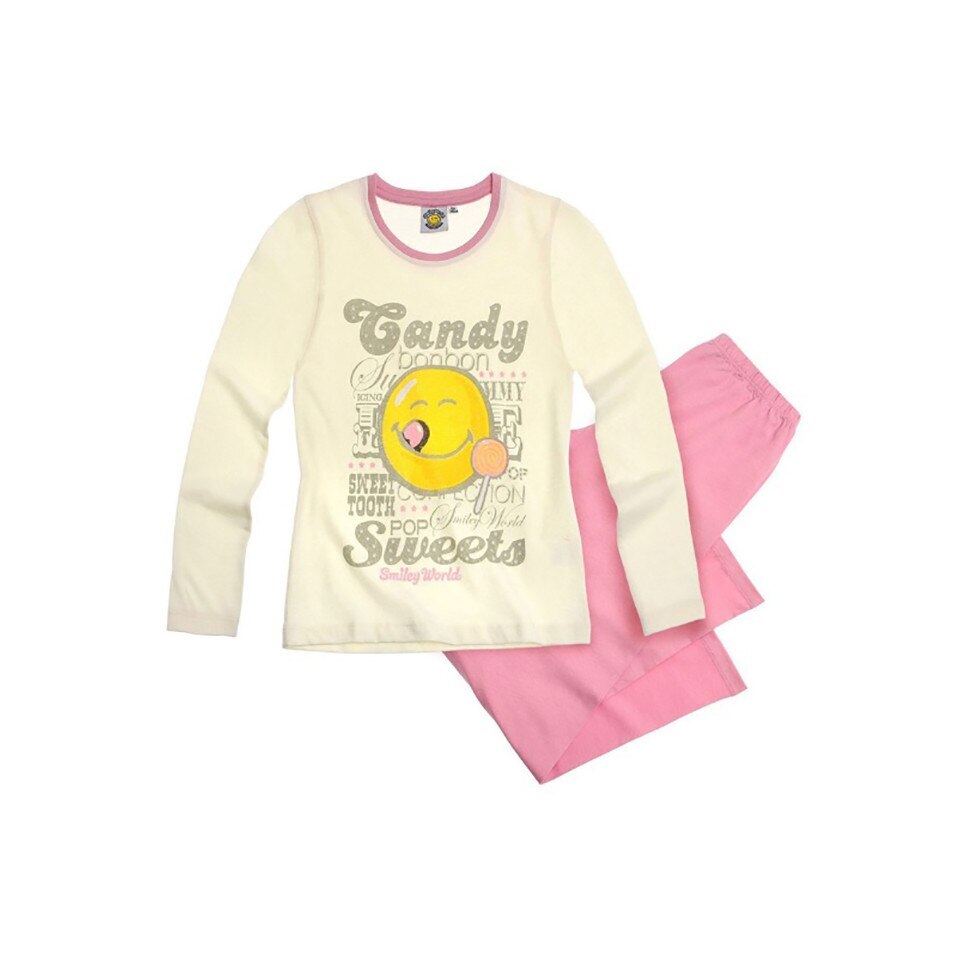 Pijama copii, maneca lunga, Smiley World, crem/roz, 8 ani/128 cm