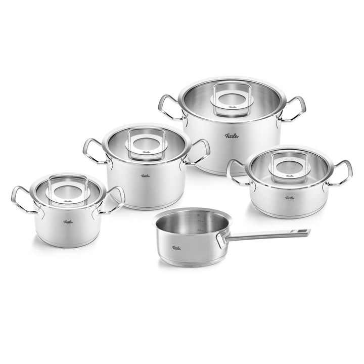 Fissler Original-Profi Collection Edénykészlet/Rozsdamentes acél, 5 darabos, üvegfedős edények (3 főzőedény, 1 pörköltes edény, 1 nyeles lábas fedő nélkül) - Indukciós