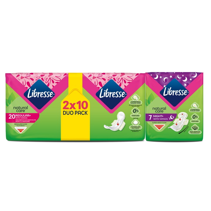 Дамски превръзки Libresse Natural Care Duo, 20 броя + Дамски превръзки Libresse Natural Care Night, 7 броя