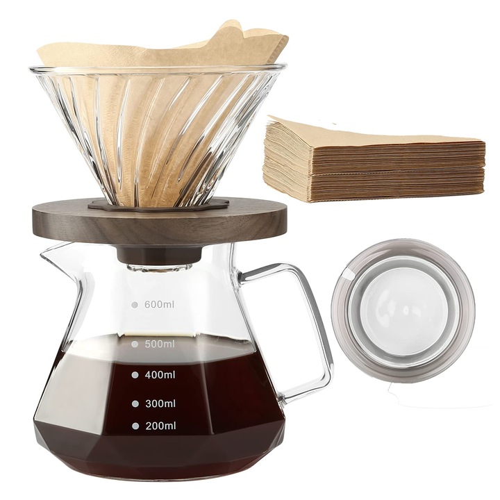Cafetieră Lalord Pour Over, Set cu Ulcioare din Sticlă Borosilicată, Maner din Lemn de Nuc, 600 ml, 20 oz, 1-3 Cesti