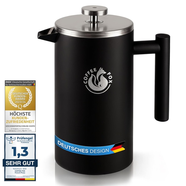 Cafetiera French Press Din Otel Inoxidabil Cu Pereti Dubli, Neagra, Cu Filtru, Cafetiera French Press (Negru, 1000 Ml)