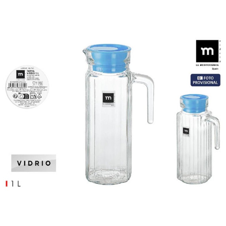 Carafa din sticla transparenta cu capac, 1L, design elegant, ideal pentru apa, suc sau limonada – La Medite