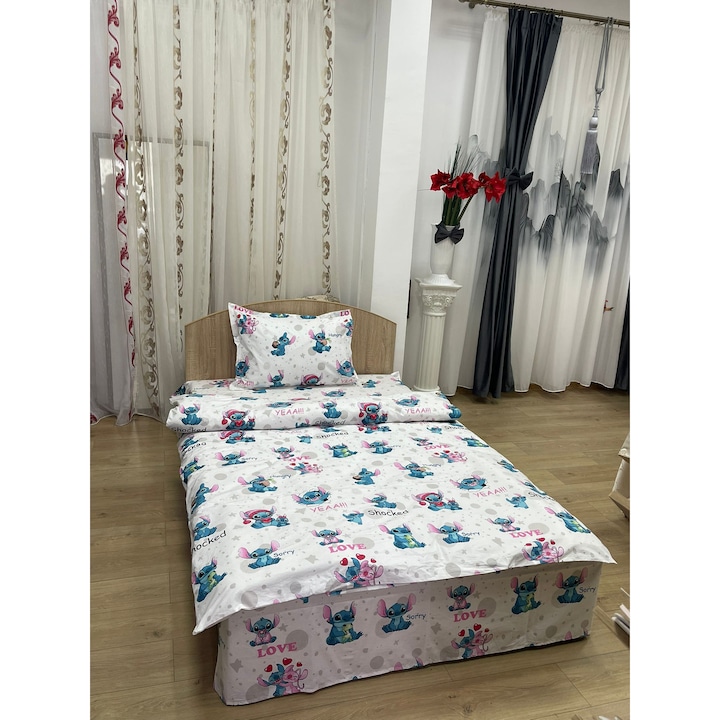 Lenjerie pat single din bumbac ranforce, culoare alb/bleu, pentru saltea de 90cm, din colectia "Stitch" by Liz Line - LSR259