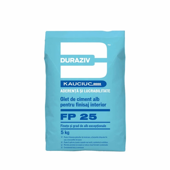 Glet de ciment alb Duraziv Kauciuc FP 25, pentru finisaj, interior, alb, 5 kg