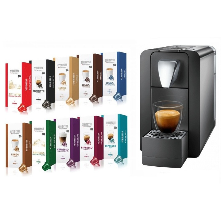 Pachet promo, Espressor Cremesso Compact One II Graphite Black + set 10 cutii capsule cafea, 160 capsule