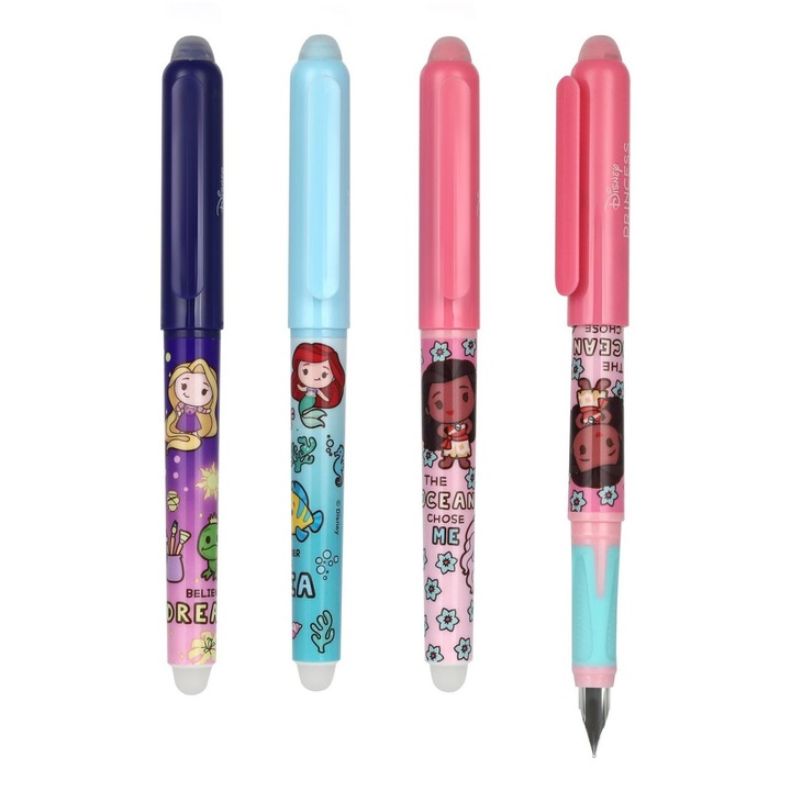 Set 3 stilouri scrie-sterge, cu cerneala termosensibila, grosime scriere M, cu capac, personaje Disney Princess