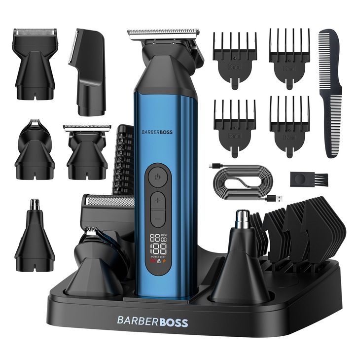 Trimmer BarberBoss 5 in 1 pentru barbati, aparat de tuns par, aparat de tuns par de corp, aparat de tuns par pentru nas si urechi, kit de ingrijire pentru barbati, aparat de tuns par reincarcabil fara fir, kit de ingrijire pentru barbati, QR-6020