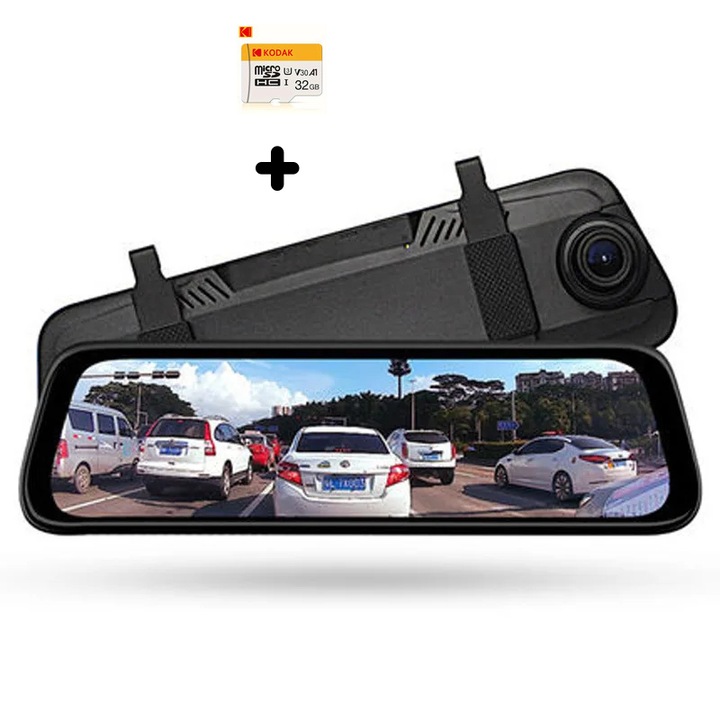 Рекордер автоматичен двоен Dash Cam, 9.66 инчов тъчскрийн, 1080P, камера за задно виждане, 32GB карта