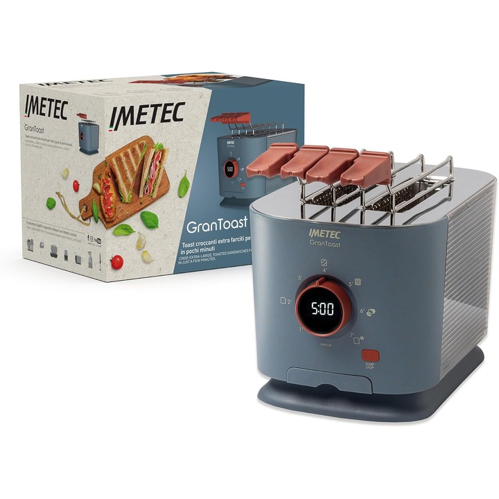 Тостер Imetec Grantoast, 600W, дигитален дисплей, 7 нива на изпичане, неръждаема стомана, син