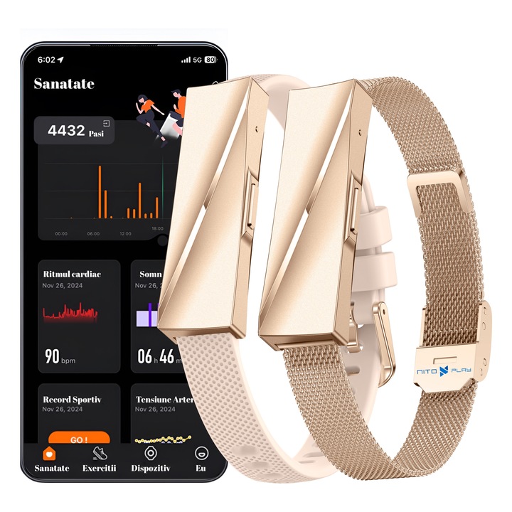 Bratara Smart Fitness Inteligenta Nitoplay® Elegance, Aurie, 2 Curele, Bluetooth, GPS, Android/iOS, Meniu Romana, 20 Zile Autonomie, IP68 Rezistenta la Apa, Notificari, Puls, Tensiune, SpO2, Somn, Stres, Calorii, Pasi, Menstruatie, 170+ Sporturi