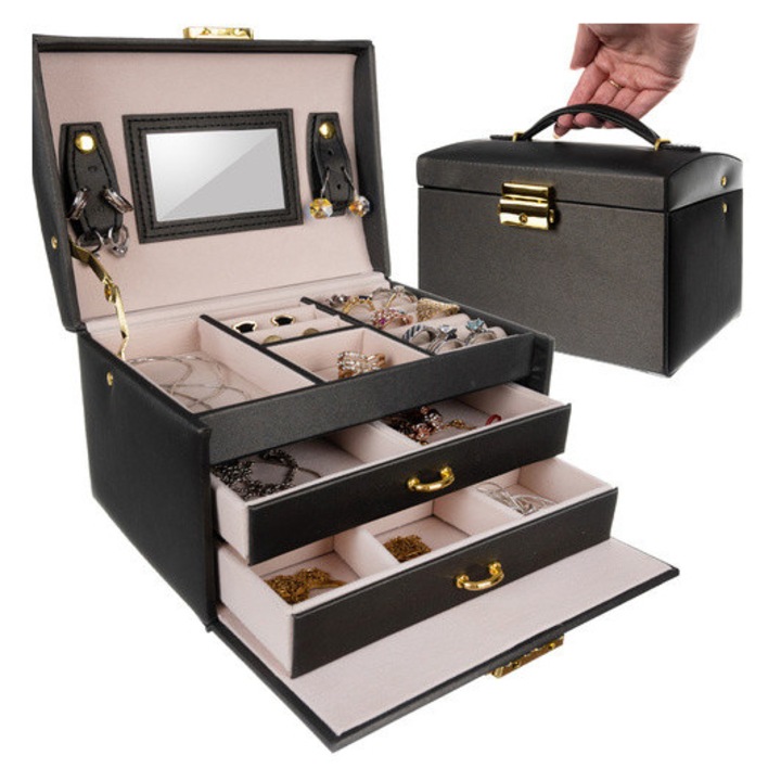 Cutie bijuterii satinata neagra cu 20 compartimente, 2 sertare, oglinda si cheie incuietoare, Beautylushh, Piele artificiala, MDF