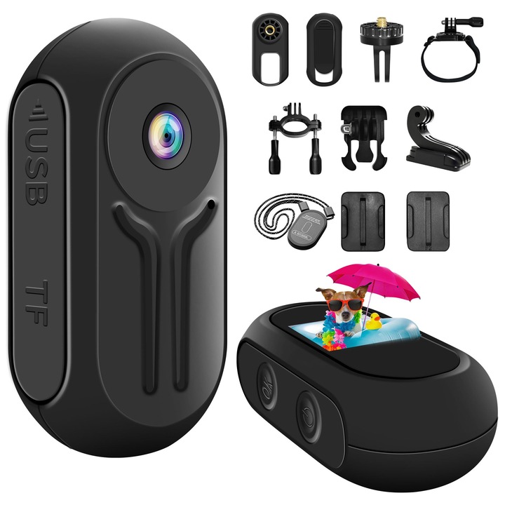 Cameră sport Nisanuki Mini Action Cam, 1080P HD, portabilă, pentru exterior, cu ecran