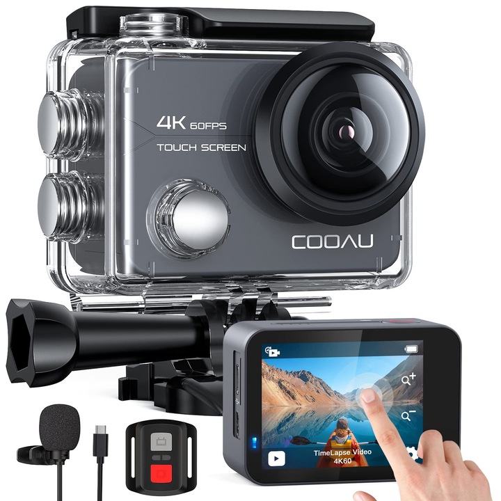 Спортна видеокамера Cooau, 4K, 64MP, водоустойчива 40м, сива, с дистанционно управление, 2 батерии 1350mAh