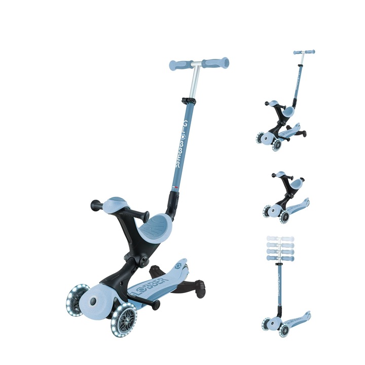 Globber - Go•Up Deluxe Lights Eco 360 – Skálázható 3 Kerekű Robogó, Üléssel És 360 Fokos Modulral, 15 Hónapos Kortól 6 Éves Korig Gyermekeknek, Áfonya