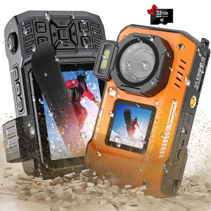 Camera video subacvatică Yixinxin 8K UHD, impermeabilă, portocalie, cu card de 32 GB