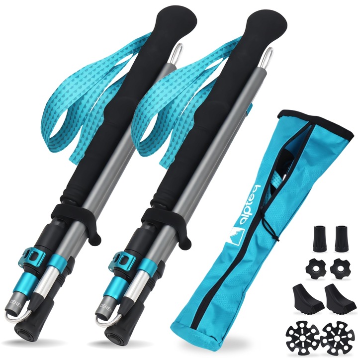 Alpteq® Carbon Zicral Hibrid Összecsukható Túrabotok, Trekking Botok, Nordic Walking Botok Férfiaknak és Nőknek, Extra Könnyű és Teleszkópos (Carbon Zicral 110-130 cm, Türkizkék)