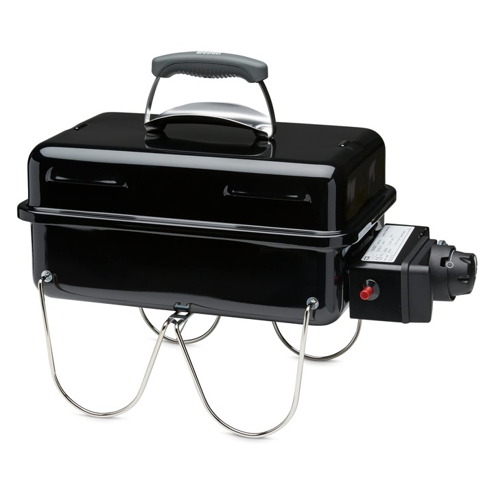 Weber Go-Anywhere gázgrill, 42 x 26 cm-es főzőfelület, könnyű hordozható grill, asztali kempinggrill zománcozott tálal és fedéllel, összecsukható lábakkal - fekete (1141079)