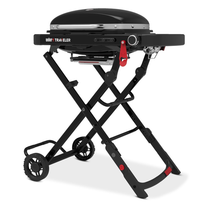 Weber Traveler kompakt gázgrill, 1 égős, 52 x 36 cm-es grillezőfelület, hordozható kültéri grill, fedeles hőmérővel, összecsukható állvány kerekekkel - fekete (1500526)