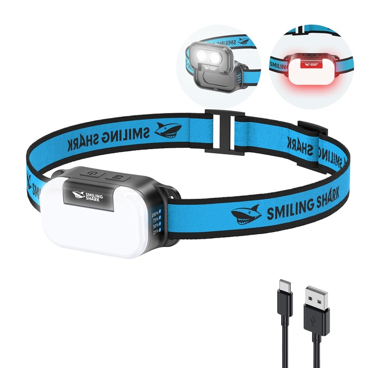 Led Fejlámpa Smiling Shark, Td-0151 Újratölthető Usb Fejlámpa, Felhajtható Kialakítás Reflektorral És Melegfehér-Vörös Spotfénnyel, Vízálló, Könnyű, Futáshoz, Horgászathoz, Kocogáshoz
